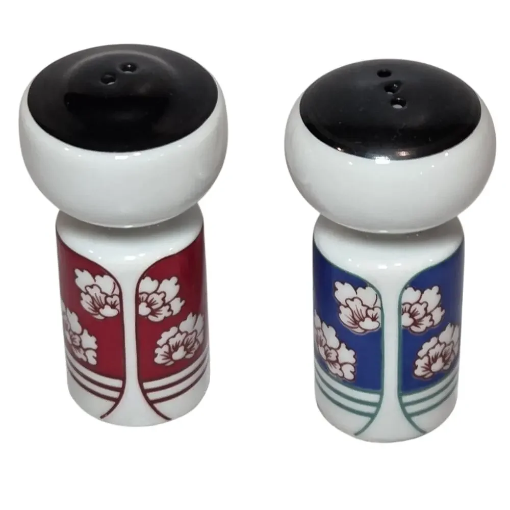 Vintage Japan Kokeshi Doll Salt Pepper Shakers Red Blue Floral Kimono Porcelain